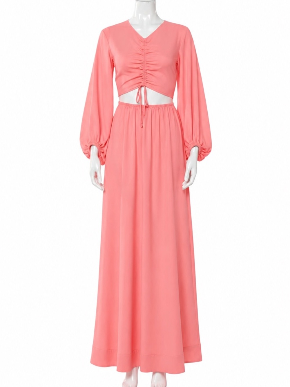 Staud Tangier Ruched Cutout Balloon Sleeve Maxi Dress Coral Size M - Picture 3 of 12